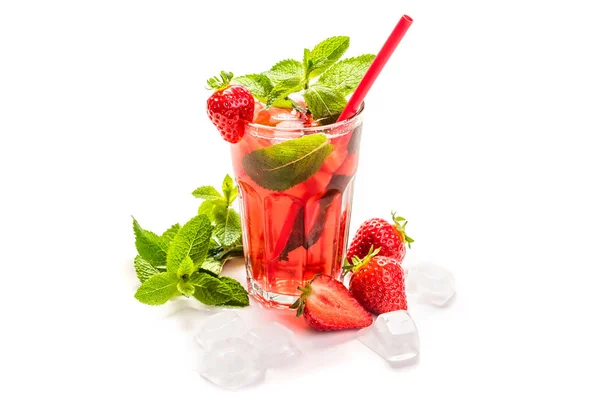 Fruit cocktail. Strawberry mors. Cocktail from strawberry and mint. Strawberries, mint, glass, ice cubes.Isolate on white background