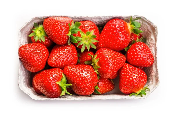 Fresas Maduras Una Caja Cartón Sobre Fondo Blanco Vista Desde — Foto de Stock