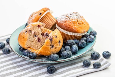 Mavi tabakta yabanmersinli kek ve taze yaban mersini.