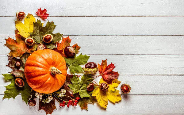 Frame Pumpkins Maple Leaves Chestnuts Wooden Background Congratulation — Stock Photo, Image