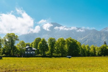 Alp çayır manzarası, Bavyera ev ağaçları ve dağlar. Güneşli bir günde Alp köyü