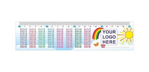 Children measuring ruler with multiplication table ang your logo