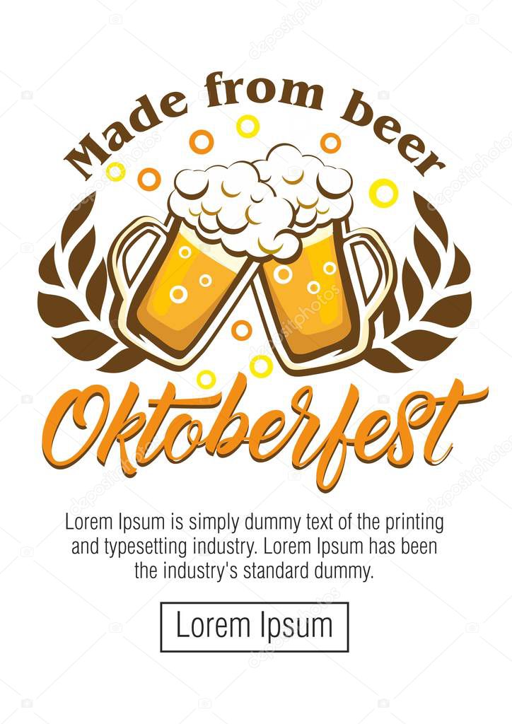 Oktoberfest beer festival - poster, greeting card with beer mugs, wheat ears and slogan