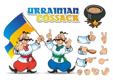 Ukrainian Cossack in ethnic clothes. Set of gestures, parts of the body, the flag of Ukraine, easily changeable vector illustration clipart