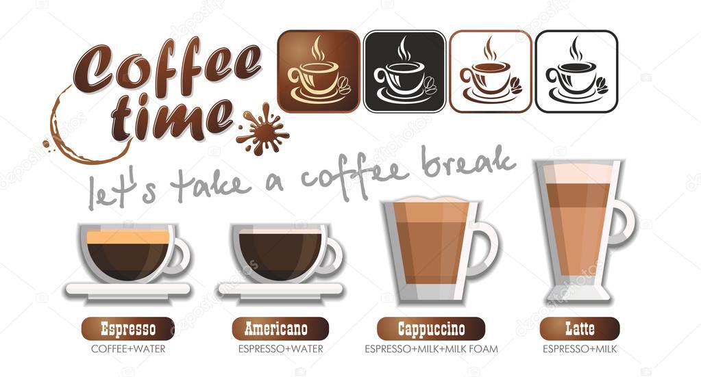 Coffee time set - the appearance of the drink and methods of making coffee. Coffee card, menu, vector