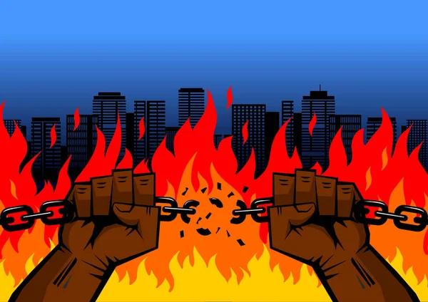 Μαύρα Χέρια Ανδρών Γροθιές Έσκισε Την Αλυσίδα Μέσα Μια Πυρκαγιά — Διανυσματικό Αρχείο