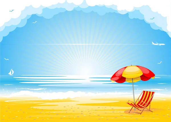 美丽的沙滩上 有一张躺椅和一把雨伞等着游客 蓝色平静的大海和天空 飞机在云中飞翔 暑假背景 — 图库矢量图片
