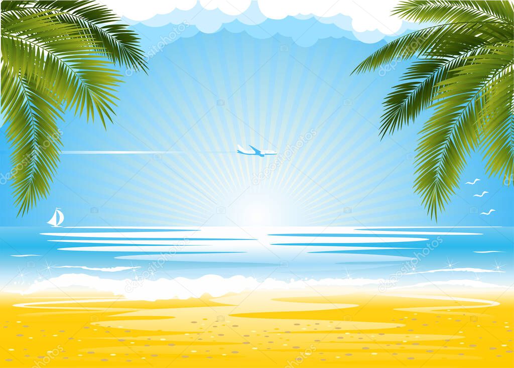 Beautiful sandy beach with palm trees awaits the tourist. Blue calm sea and sky with a plane flying in the clouds. Summer holiday background, illustration, vector