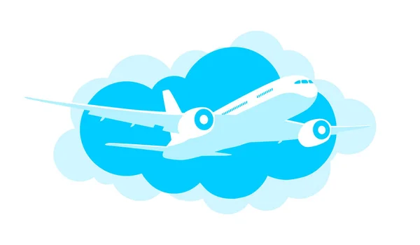 青い雲の背景に飛行機 フラットスタイルのアイコン イラスト ベクター — ストックベクタ