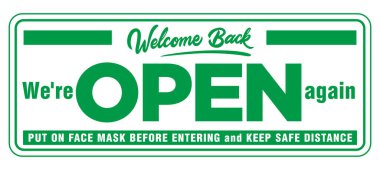 Ön kapının bilgi plakası tekrar açıldı. Girmeden önce yüz maskesi takın ve güvenli mesafeyi koruyun. Coronavirus karantinasından sonra bir dükkan, kafe ve ofis açmak. Görüntü, vektör