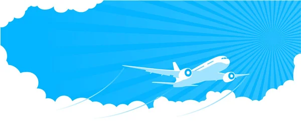 雲と青空を通して夏の楽しい飛行機のフライト チラシ広告テキストのためのスペース イラスト Vect — ストックベクタ