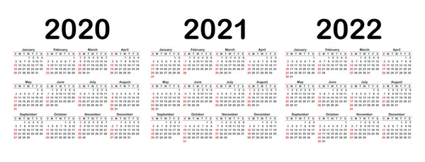Πρότυπο Ημερολογίου 2020 2021 Και 2022 Εβδομάδα Ξεκινήστε Την Κυριακή — Διανυσματικό Αρχείο