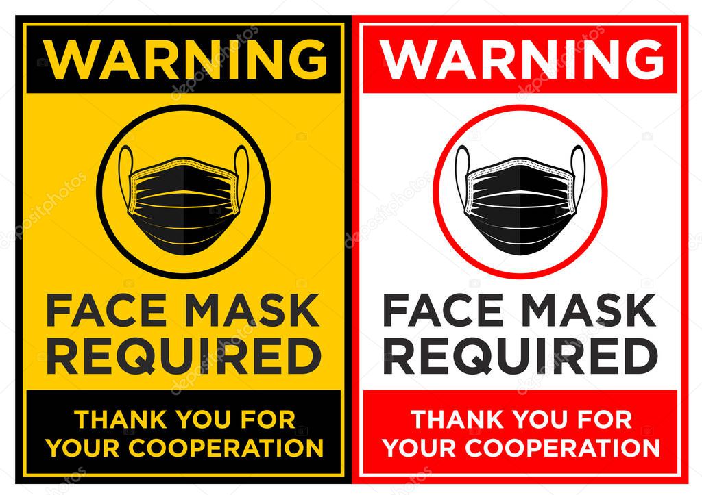 Face mask required sign. Vertical warning signage for restaurant, cafe and retail business. Illustration, vector