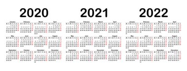 Takvim 2020, 2021 ve 2022 şablonu. Hafta Başlama Pazartesi. Takvim tasarımı siyah beyaz renklerde, tatiller kırmızı renklerde. Vektör