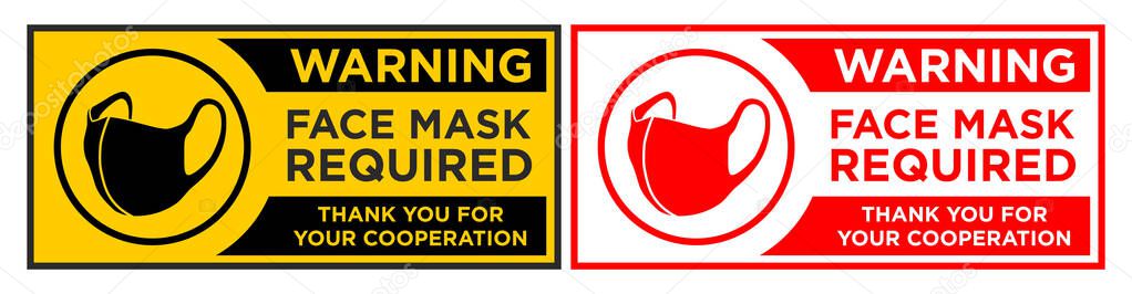 Face mask required sign. Horizontal warning signage for restaurant, cafe and retail business. Illustration, vector