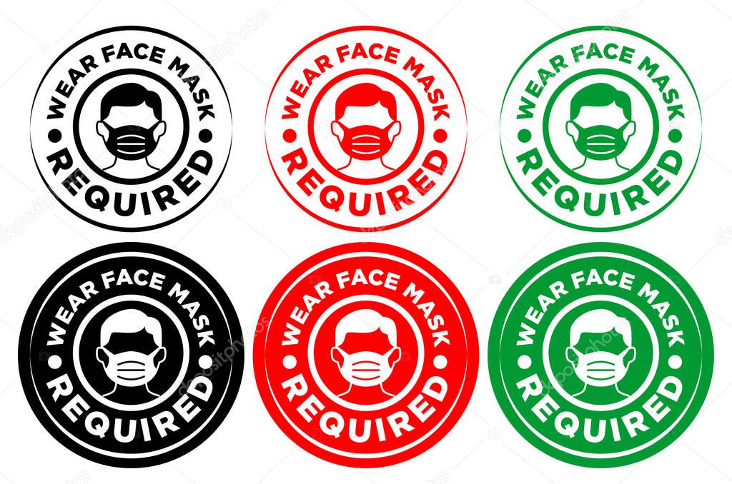Face mask required sign. Round warning signage for restaurant, cafe and retail business on transparent background. Illustration, vector