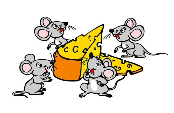 4匹の小さなマウスが大きなチーズを見つけた 透明感のある背景の面白いベクターイラスト — ストックベクタ