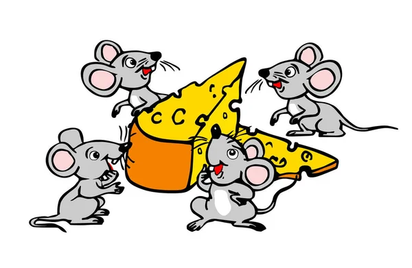 Cuatro Ratones Pequeños Encontraron Gran Trozo Queso Divertida Ilustración Vectorial — Archivo Imágenes Vectoriales