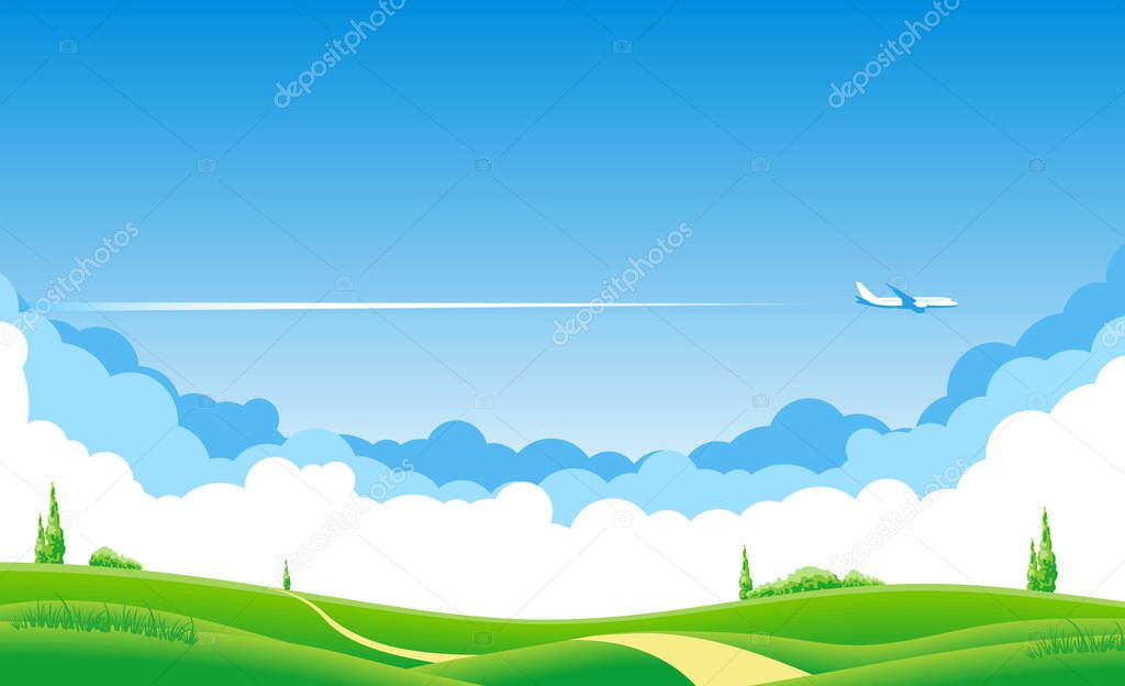 Blue sky with clouds and an airplane flying over the green fields. Airliner over grazing meadow and trees. Illustration, vector