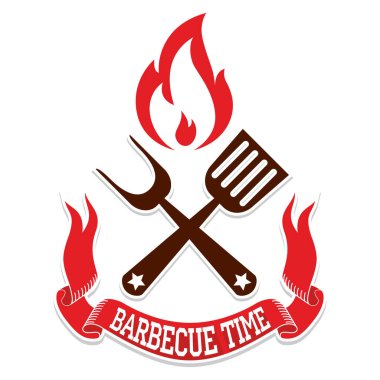 Barbekü zamanı logosu. BBQ yangın konsepti spatula ve çatalla bir arada. Resimler, şeffaf arkaplan üzerindeki vektör
