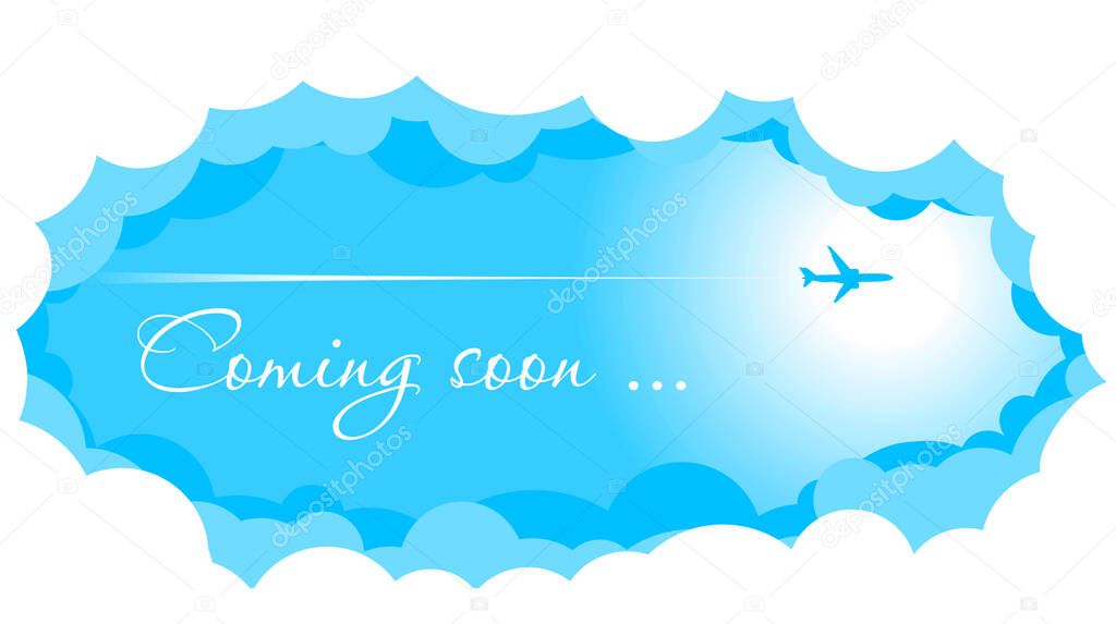 Blue sky with clouds and sun. Passenger airplane is flying high. Announcement of the opening and the beginning of flights after quarantine. Illustration, vector