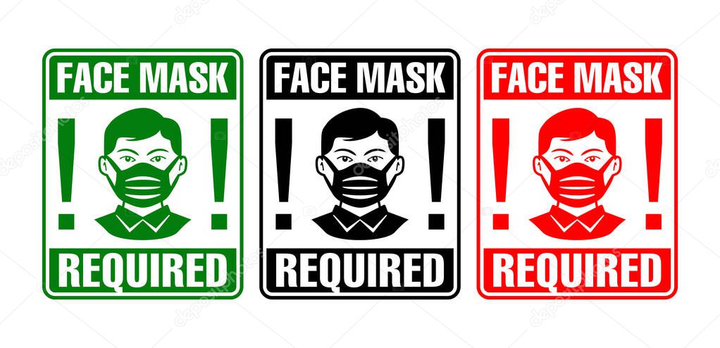 Face mask required sign. Warning signage for restaurant, cafe and retail business on transparent background. Illustration, vector