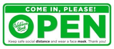 Ön kapıda açık tabela var, içeri gel. Yine iş başındayız! Sosyal mesafeyi koru ve yüz maskesi tak. Vektör