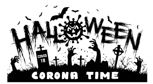 Cartel Halloween Con Elementos Horror Manos Zombi Pumkin Coronavirus Murciélago — Vector de stock