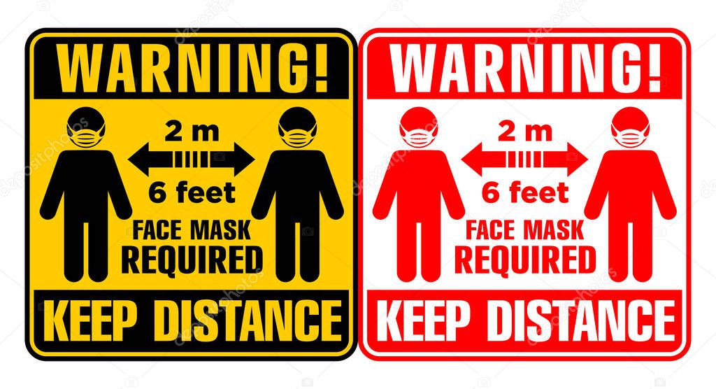 Social Distancing icon. Keep Distance 6 Feet or 2 m warning sign. Face mask required. Illustration, vector.