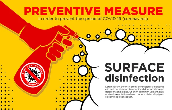 Surface Disinfection Concept Coronavirus Human Hand Glove Holds Bottle Antibacterial — Stock Vector