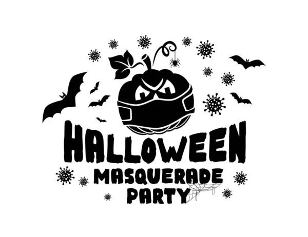 Halloween Maškarní Party Logo Černobílý Plakát Hrůzostrašnými Prvky Koronavirus Dýně — Stockový vektor