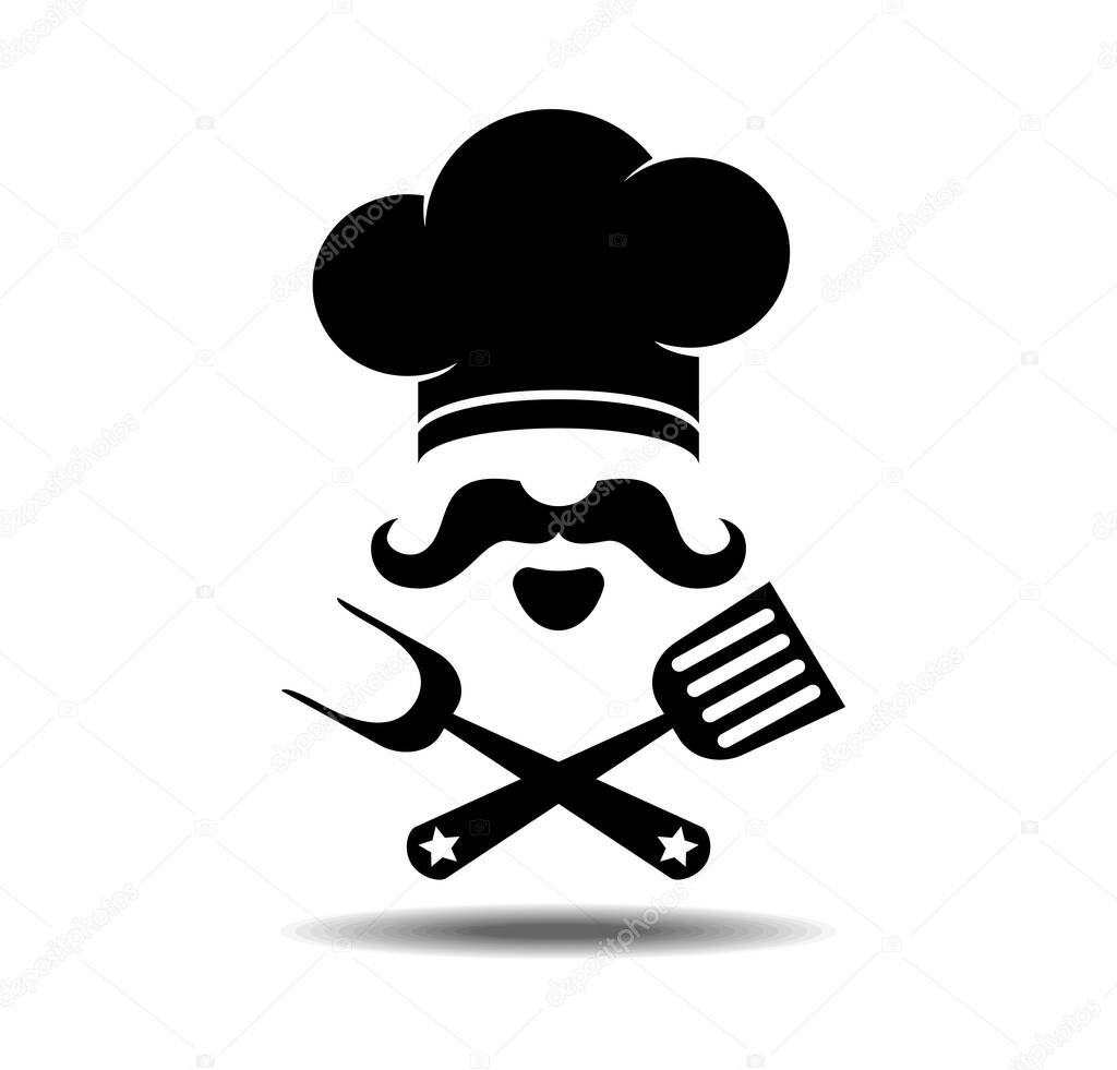 Restaurant cuisine icon logo, cook and kitchen flat design. Stylized chef hat, mustache and beard, fork, spatula. Vector illustration on transparent background