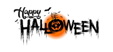 Korku unsurlarıyla dolu Cadılar Bayramı partisi posteri: Dolunay, gülümseyen balkabağı, yarasa. Görüntü, vektör