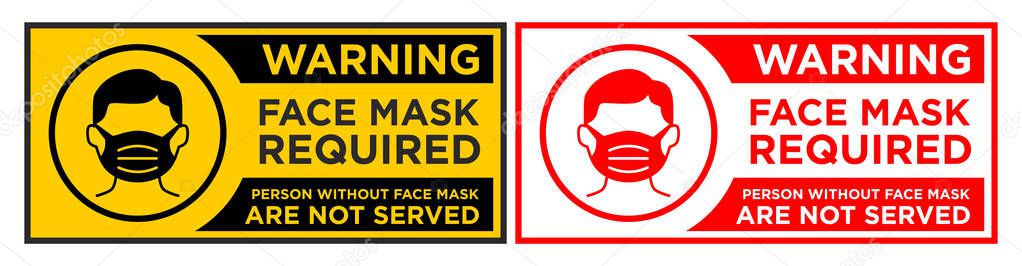 Warning sign Face mask required before entering . Infection preventive measure sticker on entrance door. Horizontal warning signage for restaurant, cafe and retail business. Illustration, vector on transparent background