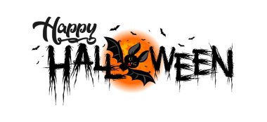 Korku unsurlarıyla dolu Cadılar Bayramı partisi posteri: Dolunay, uçan vampir, yarasa. Görüntü, vektör