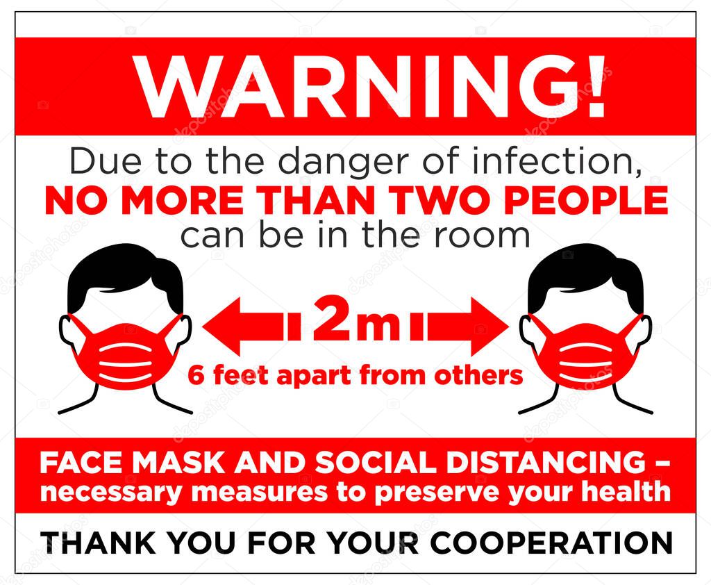 Warning sign restriction of visiting the premises. Only two people at a time. Use a face mask and keep your distance. Vector sign for use in shops, pharmacies, cafes, trade establishments.