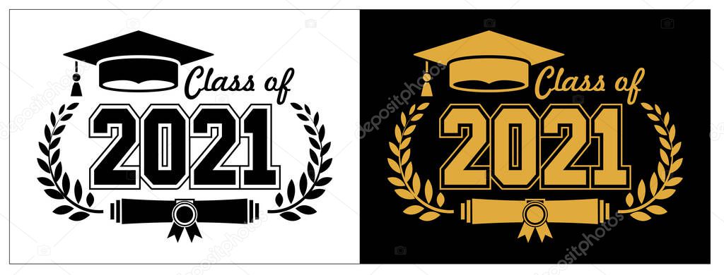 Lettering Class of 2021 for greeting, invitation card. Text for graduation design, congratulation event, T-shirt, party, high school or college graduate. Illustration, vector on transparent and black background