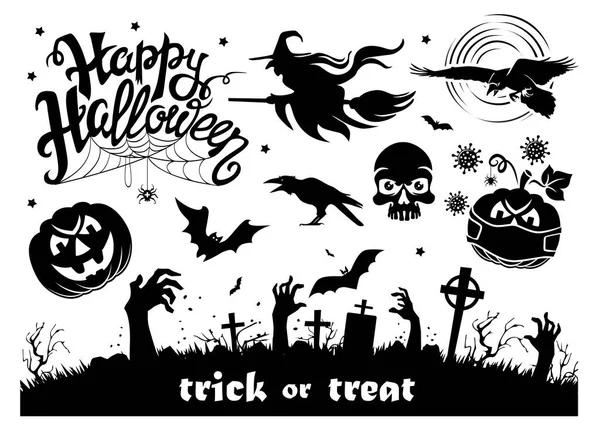 Elementos Tarjetas Felicitación Halloween Imágenes Aterradoras Blanco Negro Para Decoración — Vector de stock