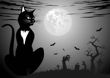 Cadılar Bayramı gecesi kara kedisi. Korku unsurları içeren siyah beyaz tebrik kartı. Dolunay, mezarlık, karanlık geceye karşı ölü el. İllüstrasyon, tebrik etmek için vektör konsepti