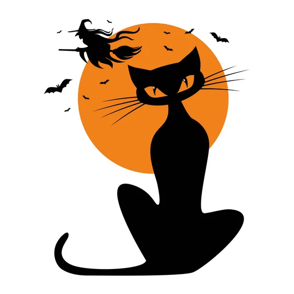 Chat Noir Sur Fond Pleine Lune Orange Avec Une Sorcière — Image vectorielle