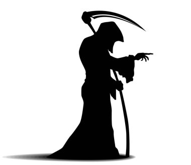 Ölüm meleği omzunda tırpanla kurbanı işaret ediyor. Şeffaf arkaplanda vektör simgesi