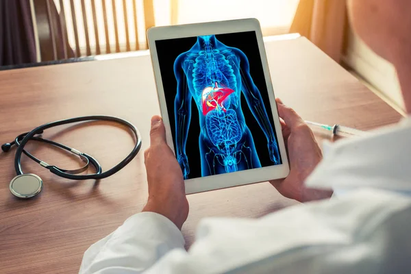 Dijital tablet karaciğer ile vücut iskeletin x-ray ile tutan doktor
