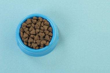 Evde beslenen hayvan köpek maması mavi bir arka plan üzerinde koyu kahverengi kalp ile mavi yuvarlak besleme kase şeklinde