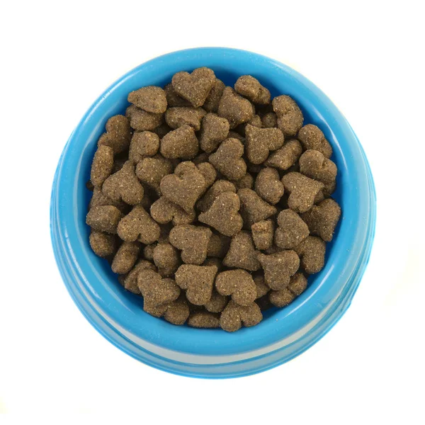 Blue Feeding Bowl Dark Brown Heart Shaped Dog Cat Kibble — Stock Photo, Image