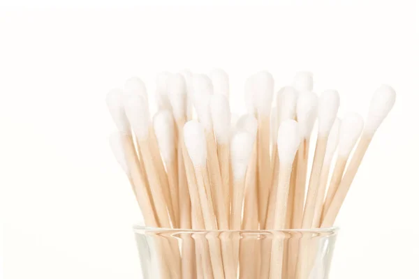 Cotton Swabs Standing Glass White Background — Stock Photo, Image