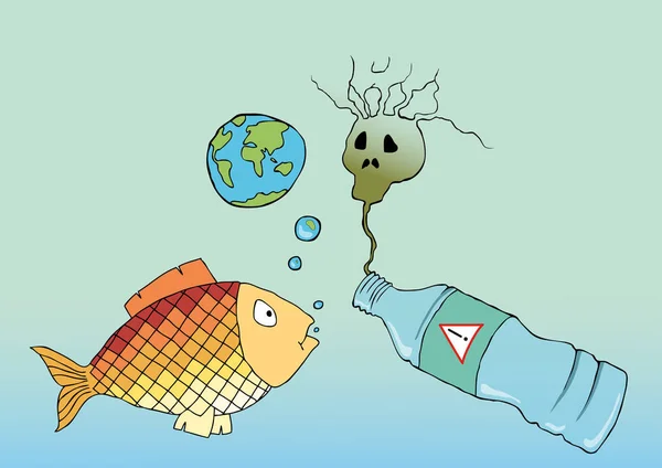 Illustrazione Vettoriale Con Elementi Separati Bottiglia Pesce Plastica Tema Dell — Vettoriale Stock