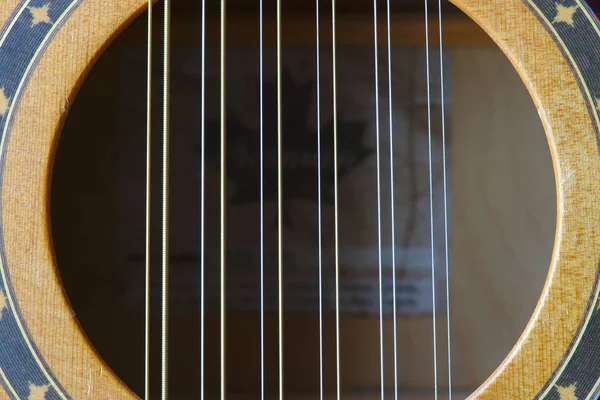 Strunná Elektro Akustická Kytara Rozeta Detail Housle — Stock fotografie