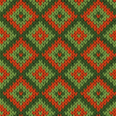 Bir kumaş doku olarak yeşil ve turuncu renklerde süs örgü sorunsuz vektör modeli