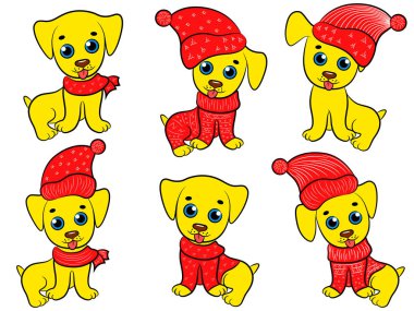 Altı komik sarı piçlerinin parlak Noel giysileri kümesi olarak beyaz arka plan üzerinde vektör illüstrasyon izole Santa