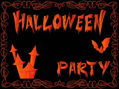 Korku evi ve siyah arka plan, vektör bir tatil tasarım olarak dekoratif çerçeve ile Cadılar Bayramı partisine davet sopasıyla kartpostal